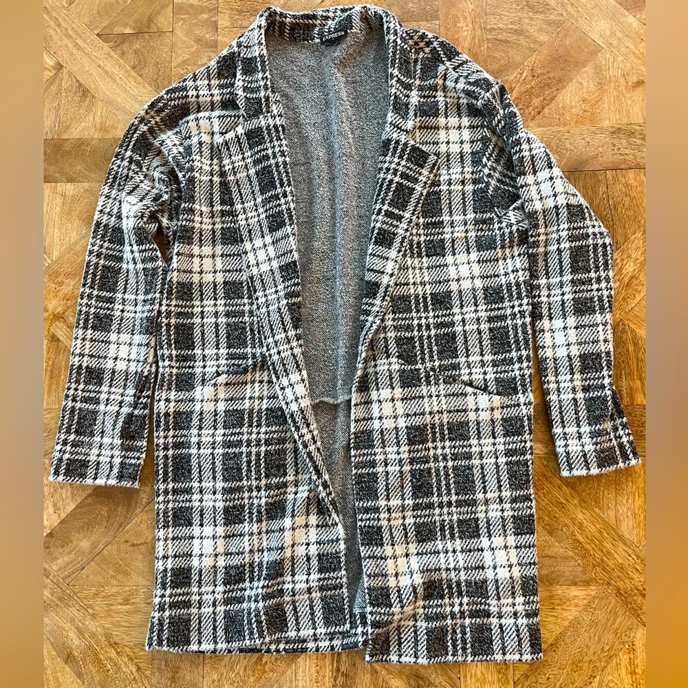 Express Black-And-White Plaid Sweater Jacket